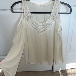 White, slightly sheer, off the shoulder long sleeve blouse